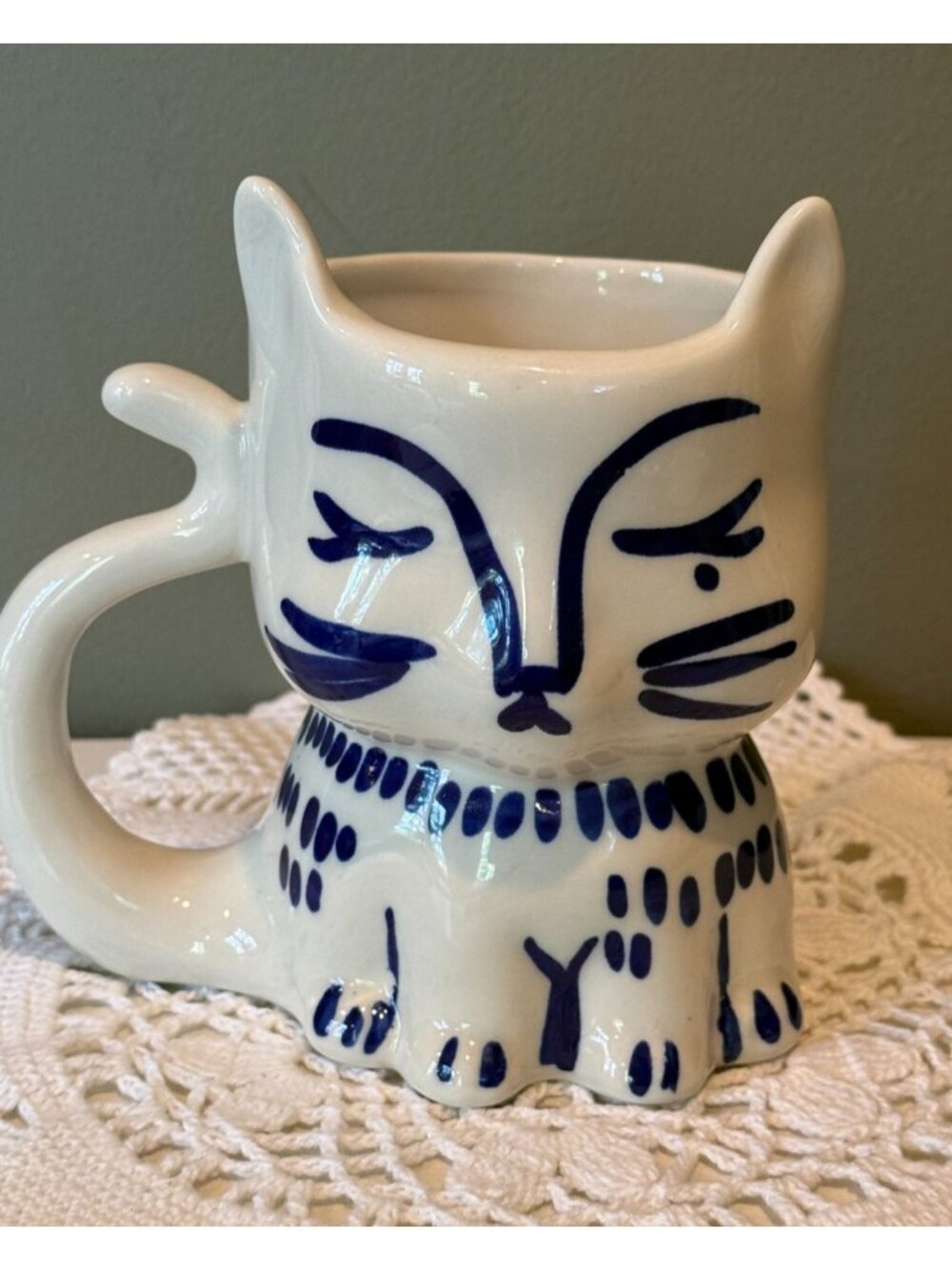 Blue & White Cat Mug, Ceramic Kitty Coffee Cup, Whimsical Cat Lover Gift